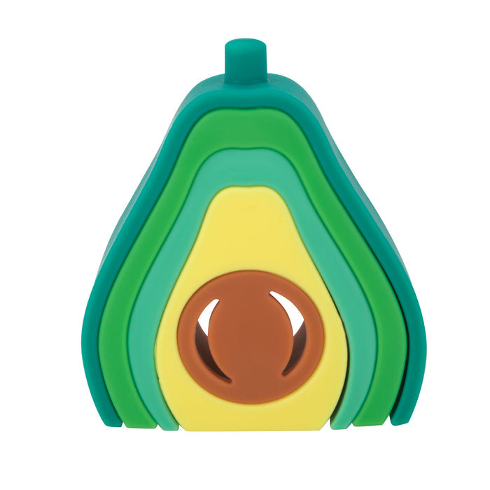 The Silicone Stacking Avocado Toy features stackable silicone pieces in green and yellow shades with a brown center pit, designed to encourage hand-eye coordination and cognitive development.