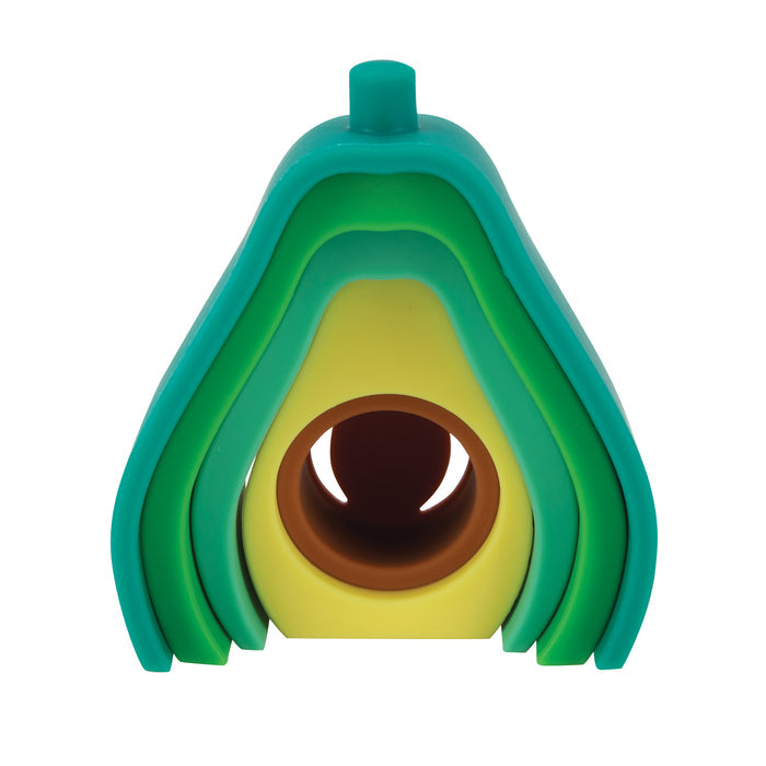 The Silicone Stacking Avocado Toy features green, yellow, and brown stackable silicone pieces that resemble an avocado cross-section with a center pit, helping develop hand-eye coordination and cognitive skills.