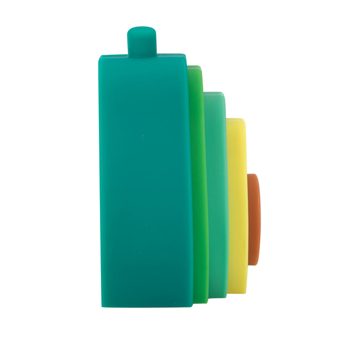 The Silicone Stacking Avocado Toy features four colorful, stackable silicone pieces in teal, green, yellow, and orange that decrease in size. They support cognitive development and hand-eye coordination. Shown side-on against a white background.