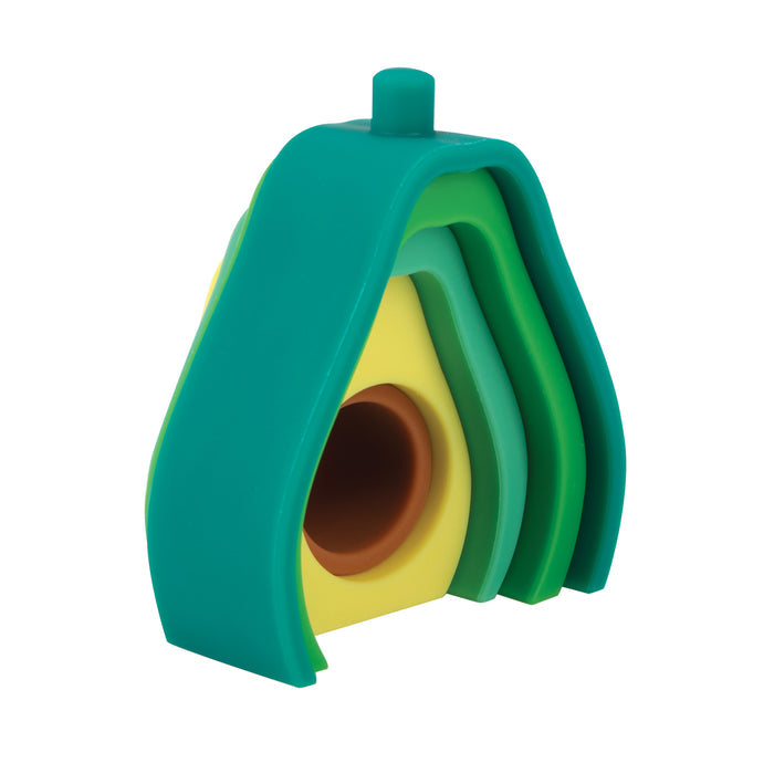 The Silicone Stacking Avocado Toy features four colorful layers in green, yellow, and brown that stack to form an avocado shape, helping develop hand-eye coordination and cognitive skills.