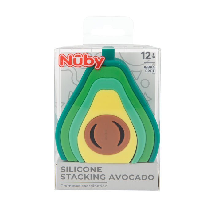 The Silicone Stacking Avocado Toy by Nuby features green, yellow, and brown stackable pieces. Supports hand-eye coordination and cognitive development. For ages 12+ months; BPA free. Packaging reads "Silicone Stacking Avocado.