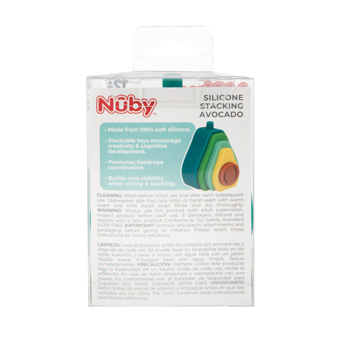 The back of the Silicone Stacking Avocado Toy package lists features such as cognitive development, hand-eye coordination, cleaning instructions, and safety warnings in English and Spanish. Stackable silicone pieces are visible inside.