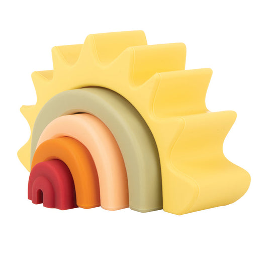 The Silicone Stacking Sun Toy features yellow sun rays and rainbow arches in red, orange, peach, and green. This colorful silicone stacker encourages cognitive development and creative play.