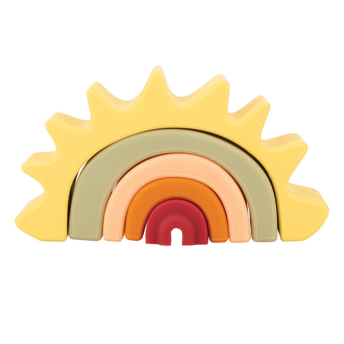 The Silicone Stacking Sun Toy features pastel silicone arches in yellow, green, orange, peach, and red that stack to form a rainbow sun shape, encouraging children's cognitive development.