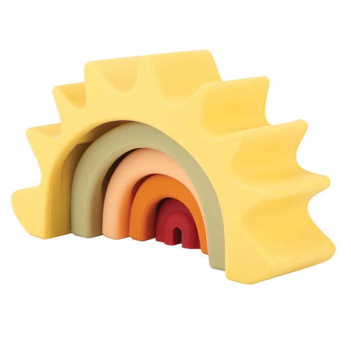 The Silicone Stacking Sun Toy features colorful silicone arches resembling a rainbow with a yellow sun on top. These stackable toys are designed to support children's cognitive development.