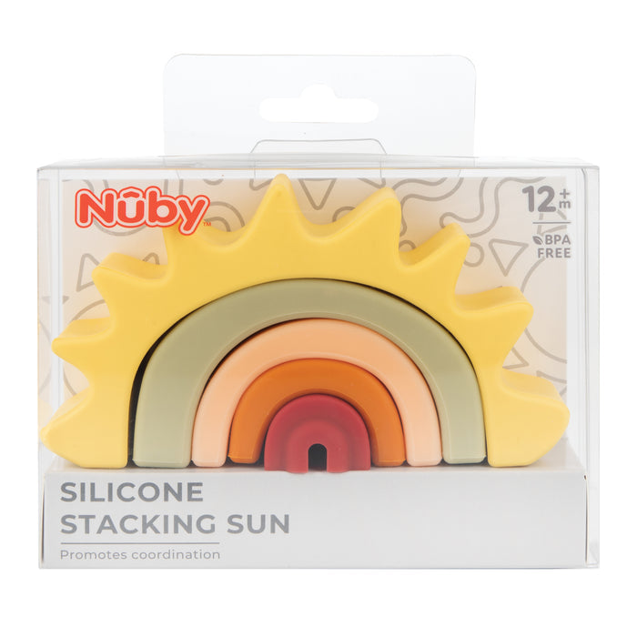 The Silicone Stacking Sun Toy by Nuby features a sun and rainbow design, is BPA free, suitable for ages 12+ months, and comes boxed. Packaging notes it promotes coordination and cognitive development.