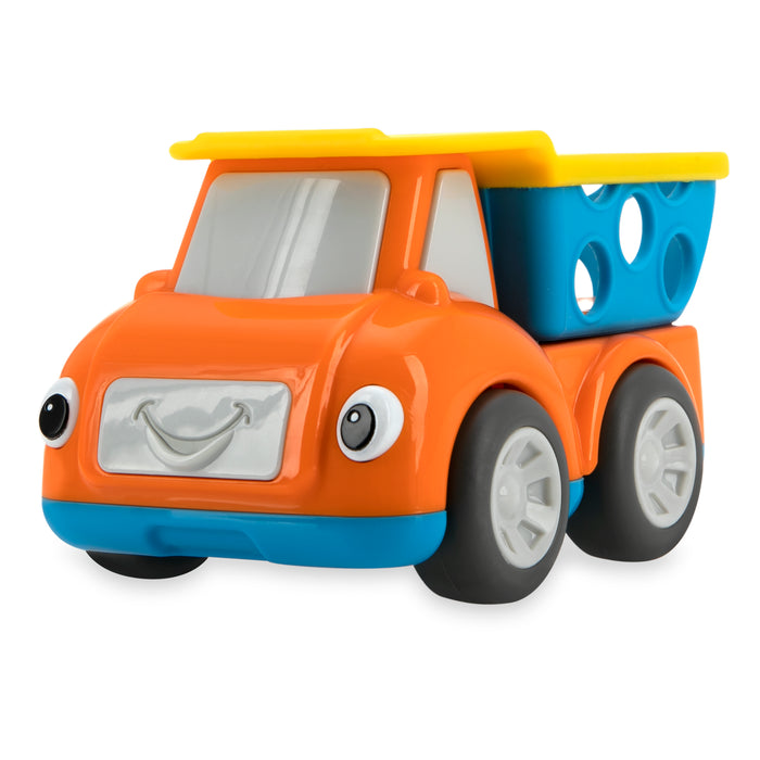The Nuby Silly Shaker Rattle Toy - Construction Truck is a colorful toy with an orange body, yellow roof, blue cargo bed, white wheels, and a smiling face. It doubles as a baby rattle for interactive fun.