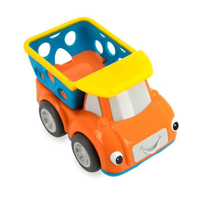 The Nuby Silly Shaker Rattle Toy - Construction Truck is a vibrant interactive dump truck with an orange body, yellow front, blue cargo bed with holes, gray wheels, and a smiling face—perfect rattle fun for little ones.