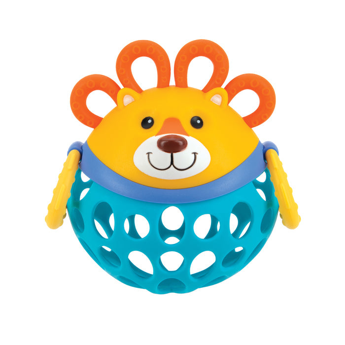 The Silly Shaker Rattle Toy - Lion features a lion’s head with an orange mane, yellow ears, a cheerful face, and a blue open-holed base for easy grip. This interactive rattle encourages sensory play for babies.