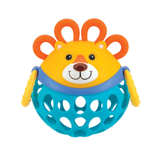 The Silly Shaker Rattle Toy - Lion features a lion’s head with an orange mane, yellow ears, a cheerful face, and a blue open-holed base for easy grip. This interactive rattle encourages sensory play for babies.