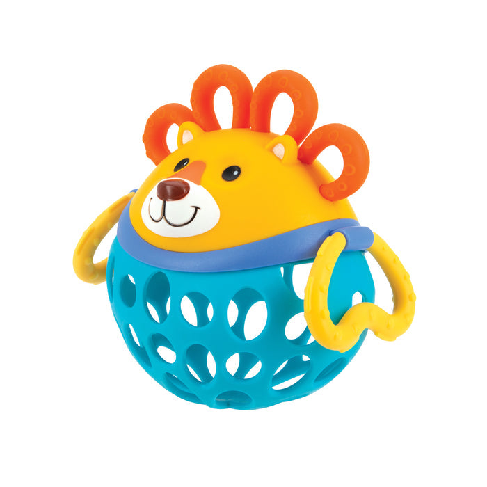 The Silly Shaker Rattle Toy - Lion is a colorful animal rattle with an orange mane, yellow face, friendly smile, blue ball body with holes, and yellow handles, designed for interactive play.