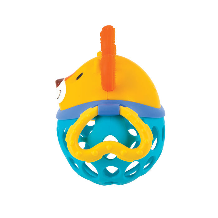 The Silly Shaker Rattle Toy - Lion features a lion's head with a yellow mane, orange ears, blue and teal openwork base, and a yellow textured handle, shown on a white background.