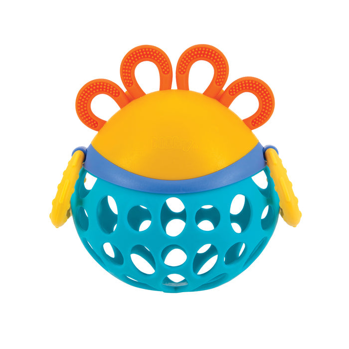 The Silly Shaker Rattle Toy - Lion features a yellow and blue top, five red loops, two yellow textured side handles, and a turquoise openwork ball—an interactive animal rattle perfect for little hands.