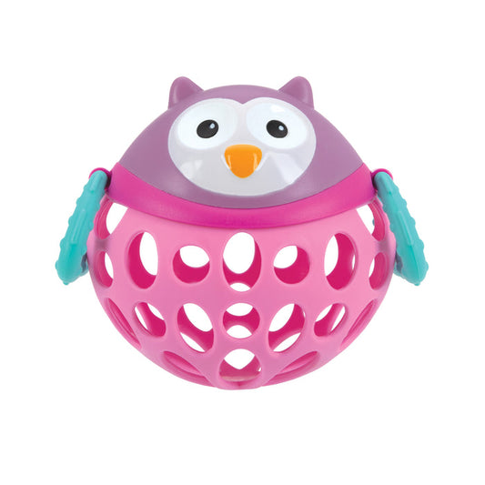 The Nuby Silly Shaker Rattle Toy - Owl is a purple and pink owl with teal wings, featuring a hollow body with large holes for easy gripping—perfect for little hands to shake and explore.