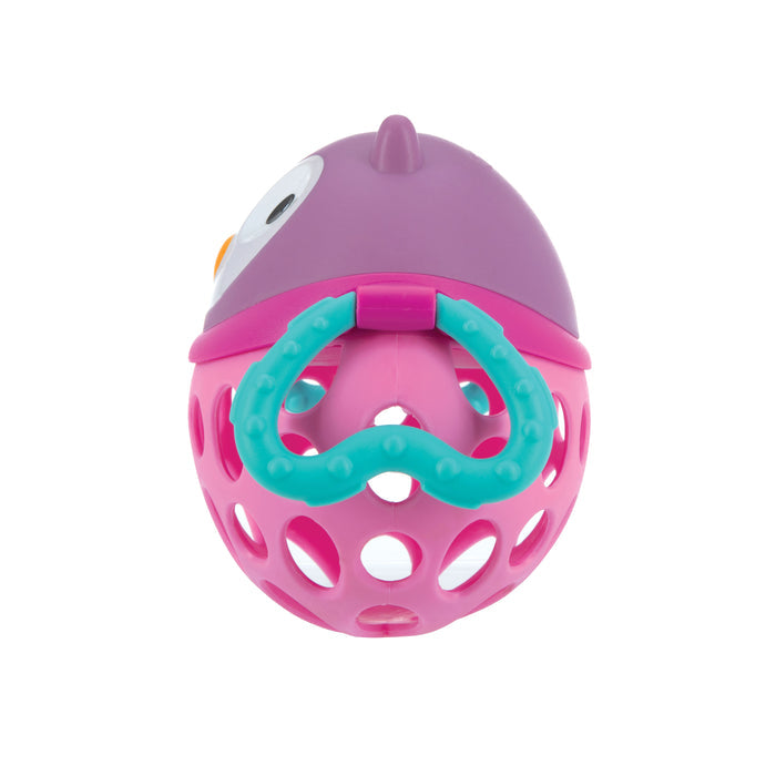 The Nuby Silly Shaker Rattle Toy - Owl features a purple top, pink bottom with circular holes, and a teal handle for easy gripping.