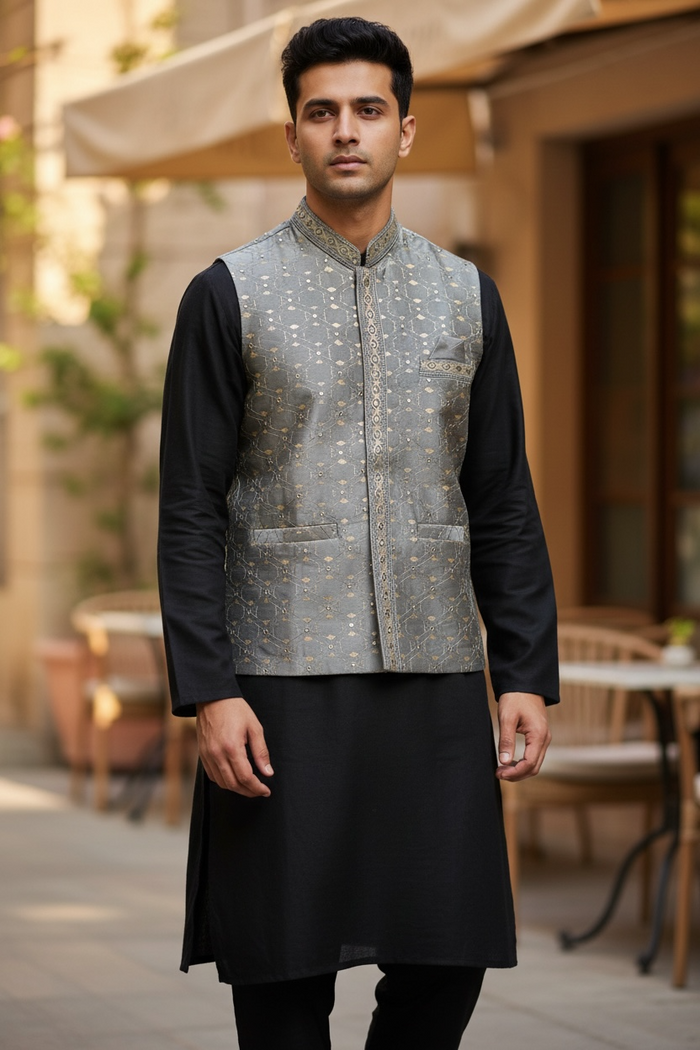 Silver / Light Grey - Mirror Work All Over Embroidered - Mens Indian Waistcoat - UK Stock - 24 hr Dispatch - KCS4782 03KP26