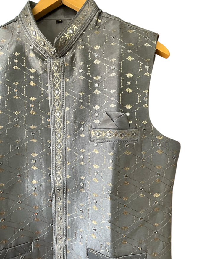 Silver / Light Grey - Mirror Work All Over Embroidered - Mens Indian Waistcoat - UK Stock - 24 hr Dispatch - KCS4782 03KP26