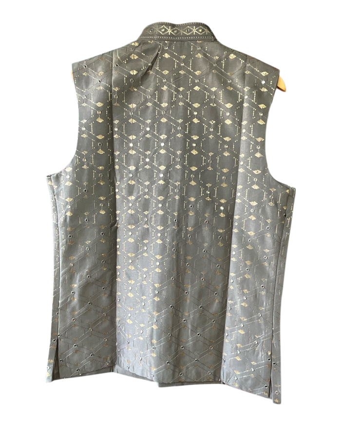 Silver / Light Grey - Mirror Work All Over Embroidered - Mens Indian Waistcoat - UK Stock - 24 hr Dispatch - KCS4782 03KP26
