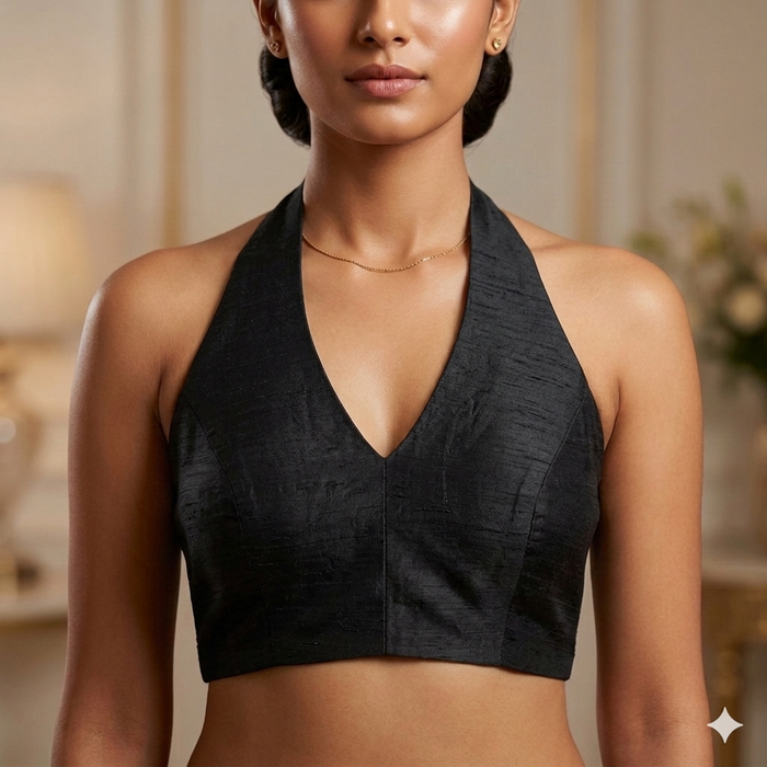 Size 36" / UK 10 - Black - Shimmery Crinkle Halter Neck Saree blouse with cups - UK Stock - Quick Delivery - RNK - R999A-KJ