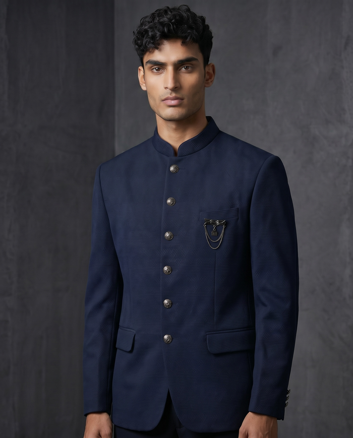 Size 40" Chest - Navy Blue - PREMIUM Slim Fit Mens Jute BandhGala / Prince / Chinese Collar Jacket - Fantastic Fit - CS2604 TA
