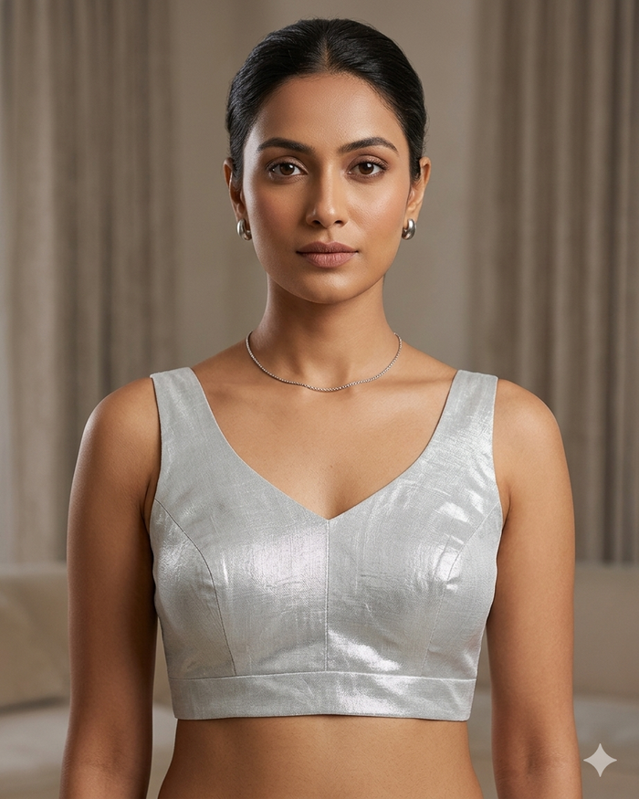 Size 42" / UK 16 - Silver - Silky Saree blouse with cups,  Sleeveless - UK Stock - Quick Delivery - RNK - R722A-KY