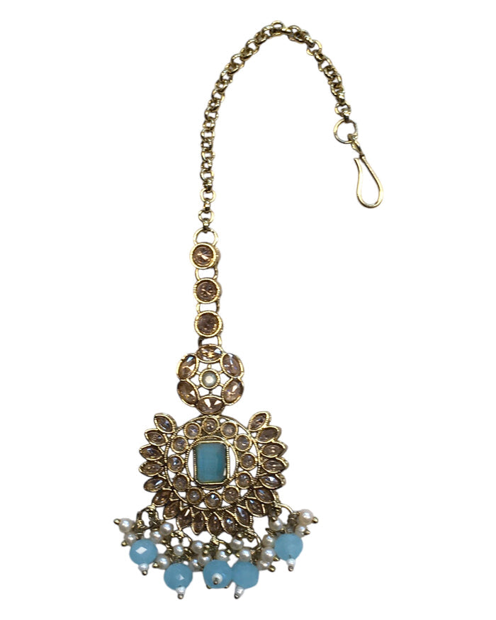 Sky Blue - Large - Antique Gold Finish Traditional Tika Head piece - Bollywood - Weddings - PRI1773  11V24