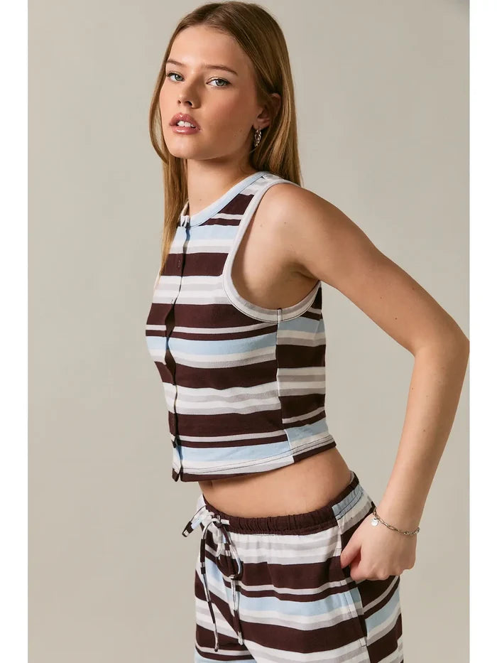 Sleeveless Round Neck Button Up Stripe Tank
