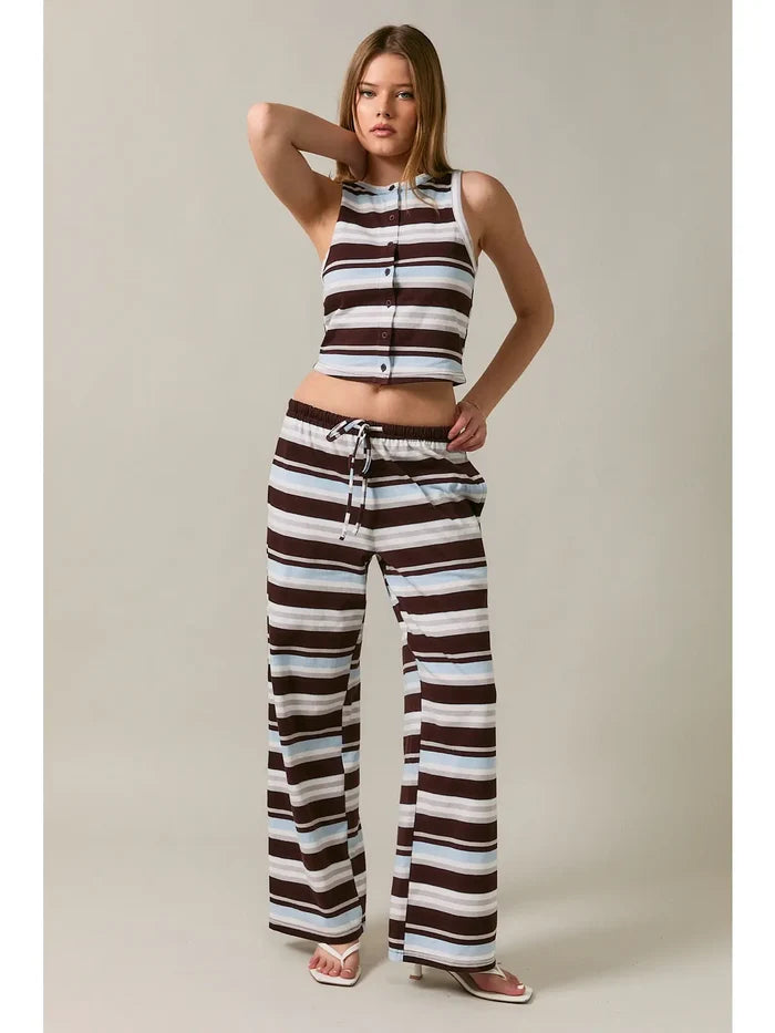Sleeveless Round Neck Button Up Stripe Tank