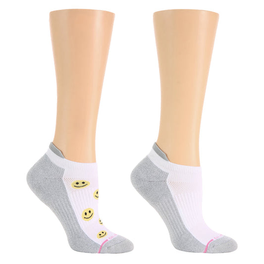 Ankle compression socks featuring a smiley face design with a gray and white color scheme.