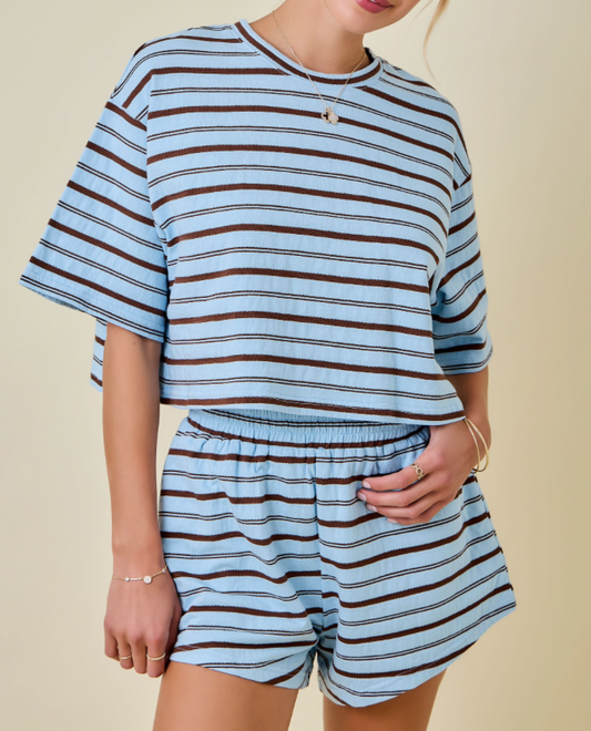 Striped Round Neck Drop Shoulder Boxy Cropped Lounge Top