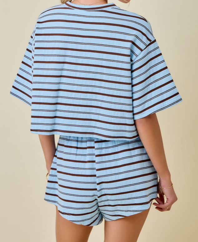 Striped Round Neck Drop Shoulder Boxy Cropped Lounge Top