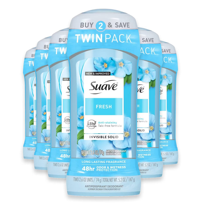 Suave Fresh Invisible Solid Antiperspirant Deodorant 2.6 oz - 2 Ct - 6 Pack