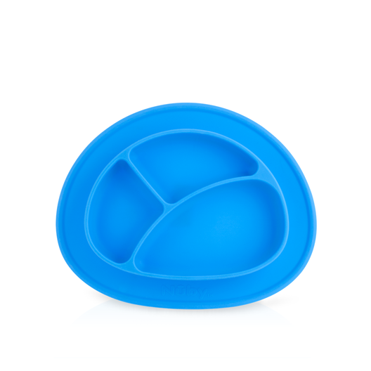 The Sure Grip Miracle Mat 3-Section Plate is a blue, oval silicone suction plate with three divided sections for babies, shown on a plain white background.
