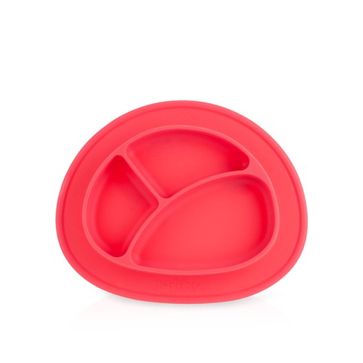 The Sure Grip Miracle Mat 3-Section Plate is a bright red silicone suction plate with three compartments for children, shown on a white background.