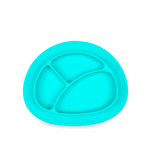 The Sure Grip Miracle Mat 3-Section Plate is a bright turquoise silicone suction plate for children, featuring three compartments, rounded smooth edges, and the Nuby brand embossed at the bottom.