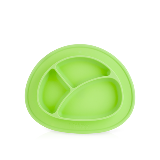 The Sure Grip Miracle Mat 3-Section Plate is a practical green silicone baby plate with three compartments, ideal tableware for children or toddlers, displayed against a white background.
