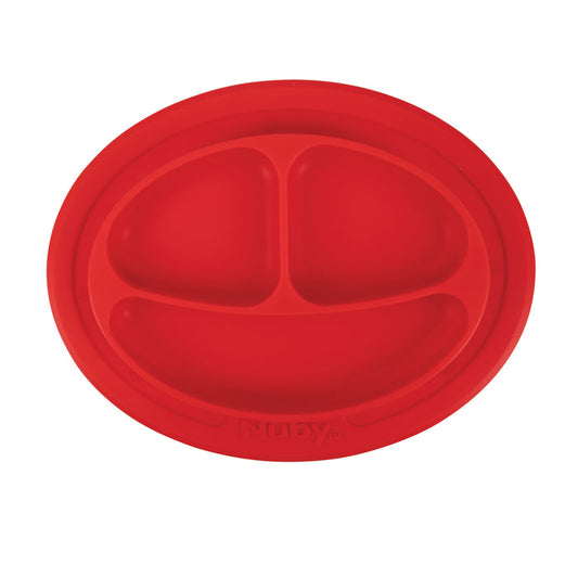 The Nuby Sure Grip Miracle Mat is a red, round silicone baby plate with three compartments—one large and two small—and a suction base to stay in place, making self-feeding easy and mess-free for children.