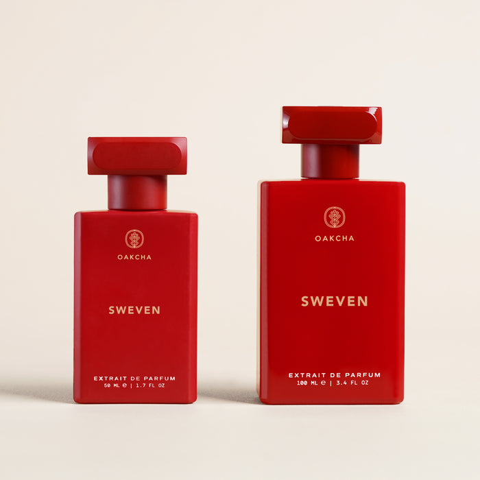 Front view of Sweven perfume showing two red rectangular bottles (100 ml and small size) on a neutral beige background