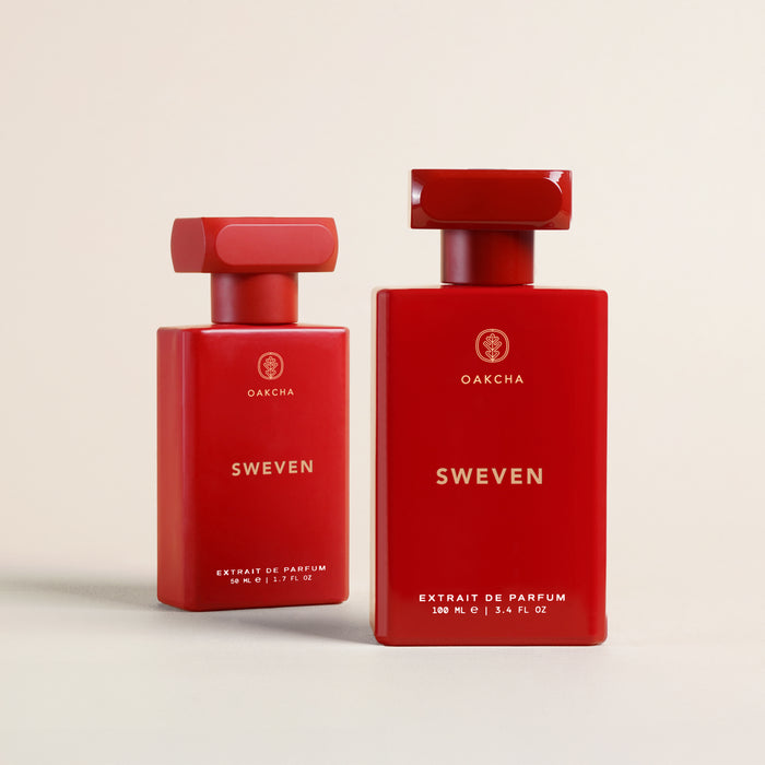 Front of Sweven 100 mL bottle in red with smaller matching bottle, matte finish and gold lettering on beige background