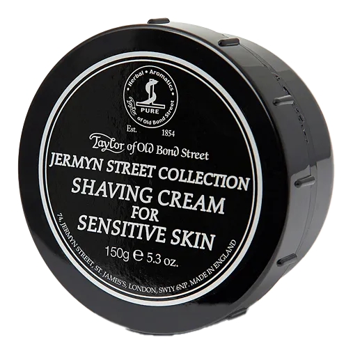 Taylor of Old Bond Street barberkrem i skål for sensitiv hud, svart Jermyn Street kolleksjon med hvit tekst