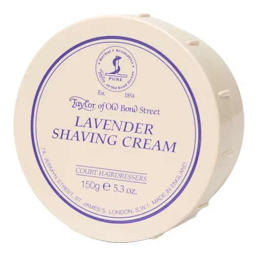 Lukket Taylor of Old Bond Street barberkrem i beige skål, toppsyn av etikett