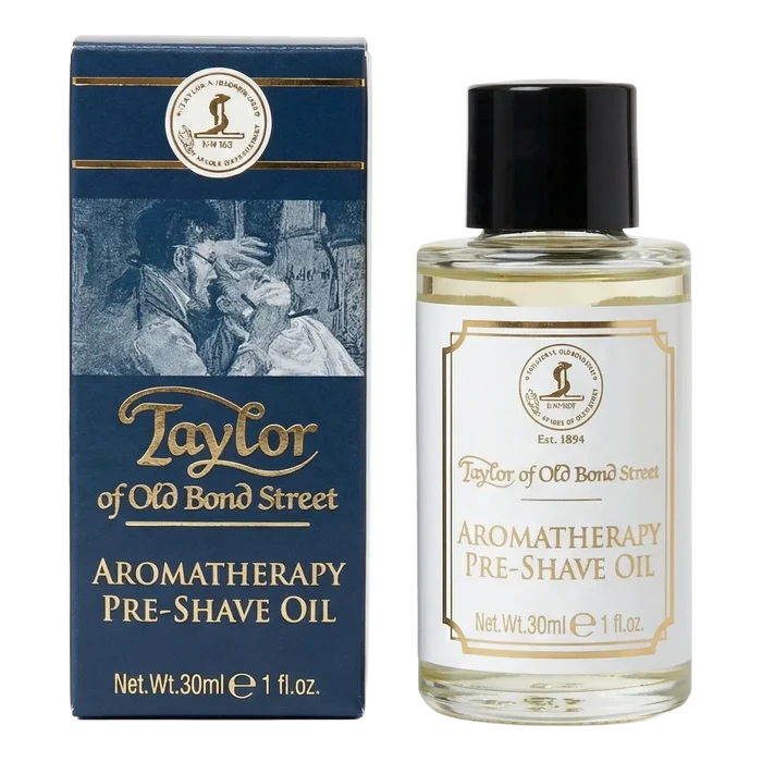 Taylor of Old Bond Street pre-shave olje flaske og kartong sidevis på hvit bakgrunn