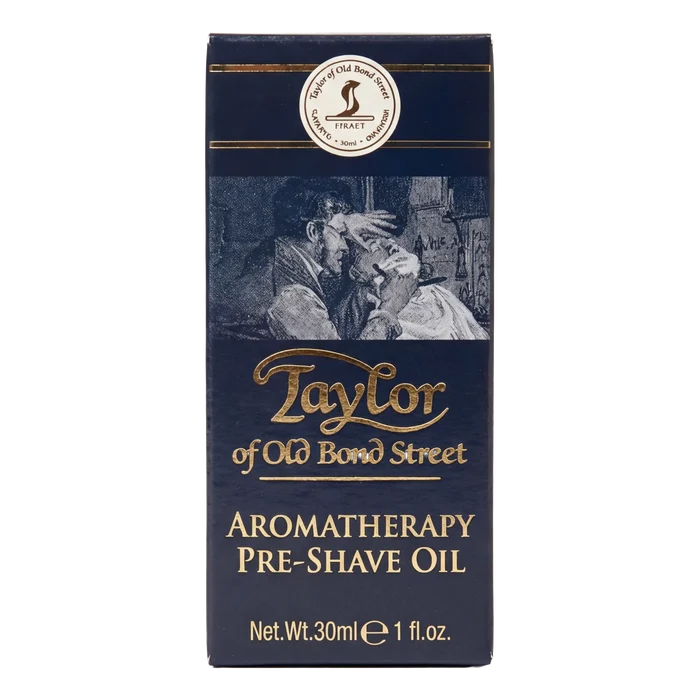 Taylor of Old Bond Street Aromatherapy Pre-Shave Oil mørkeblå kartong med gulltekst