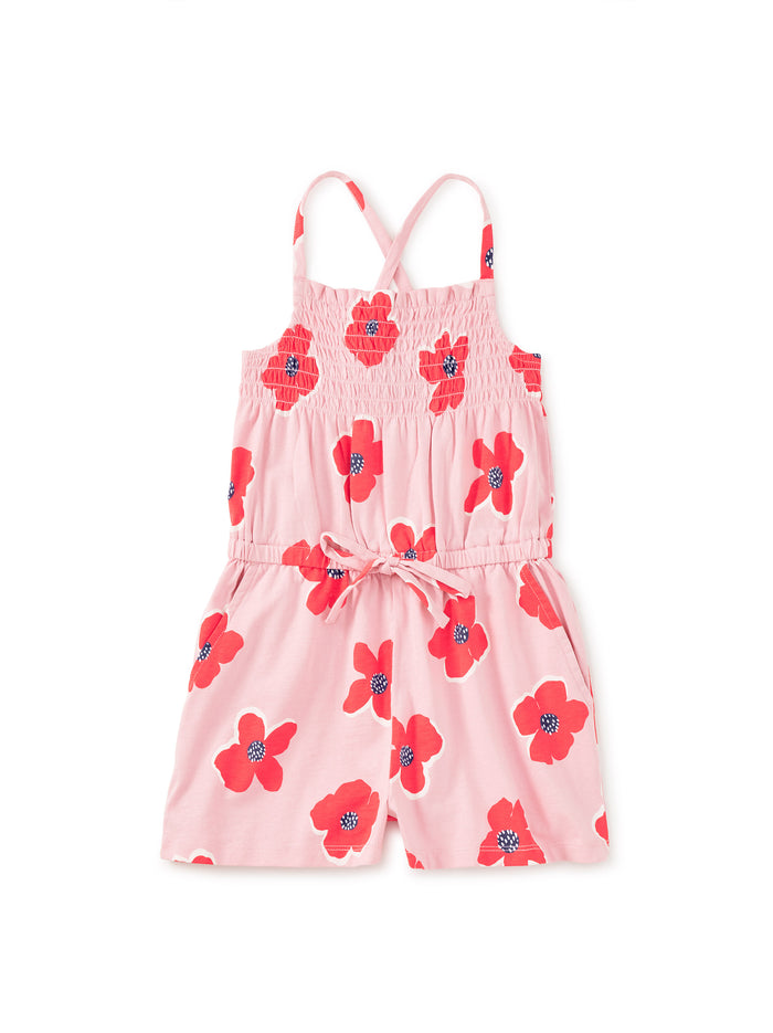 Tea Collection Smocked Strappy Romper in Rock Floral