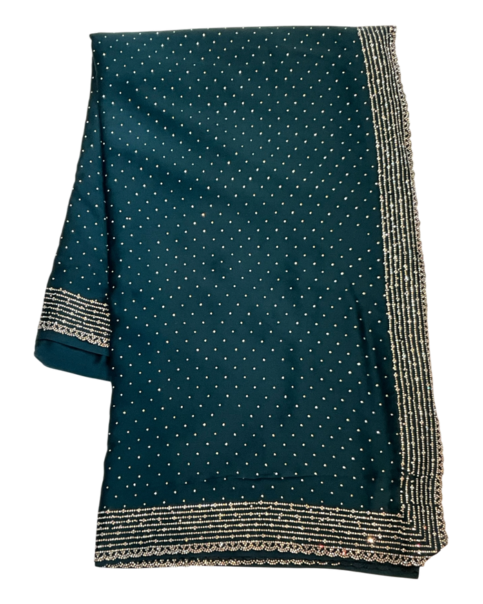 Teal - Classic Satin Crepe Saree with Stone Work and Blouse Piece - UK stock - 24hr Dispatch - RS2531 VY