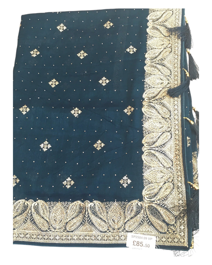 Teal - Silky - Party Wear Embroidered Saree with Blouse Piece - SP250409 VP