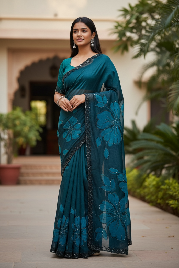 Teal / Black Floral - Classic Satin Crepe Saree with Stone Work and Blouse Piece - UK stock - 24hr Dispatch - RS2537 TV