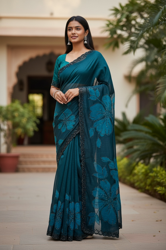 Teal / Black Floral - Classic Satin Crepe Saree with Stone Work and Blouse Piece - UK stock - 24hr Dispatch - RS2537 TV