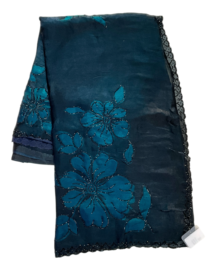 Teal / Black Floral - Classic Satin Crepe Saree with Stone Work and Blouse Piece - UK stock - 24hr Dispatch - RS2537 TV