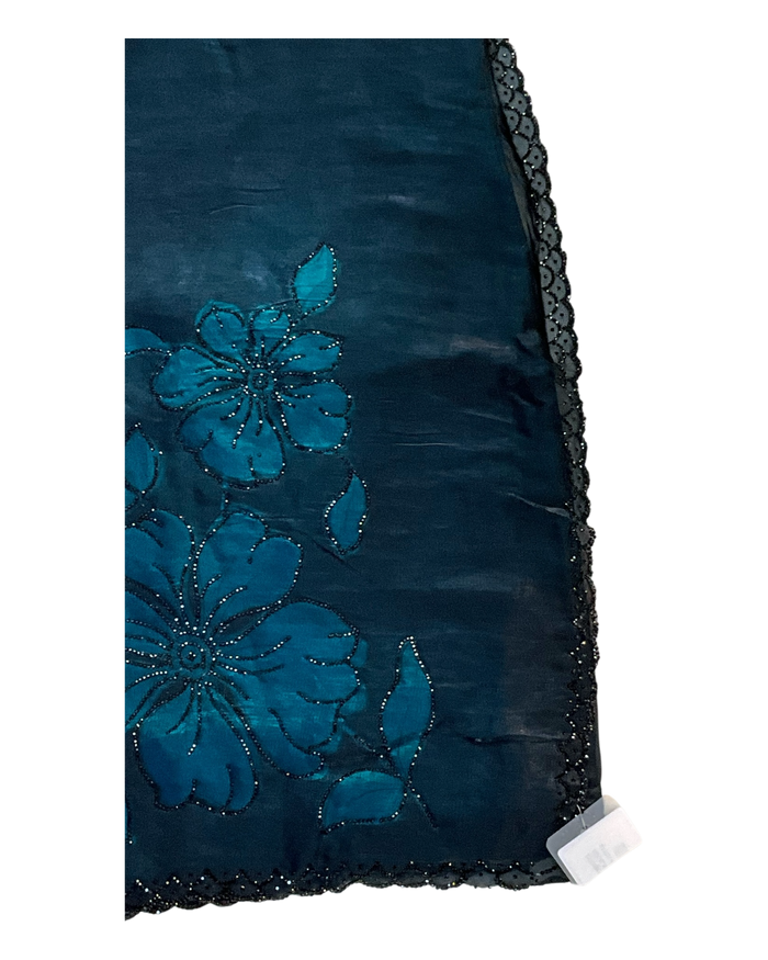 Teal / Black Floral - Classic Satin Crepe Saree with Stone Work and Blouse Piece - UK stock - 24hr Dispatch - RS2537 TV